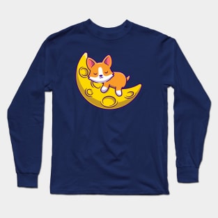 Cute Corgi Dog Sleeping On The Moon Cartoon Long Sleeve T-Shirt